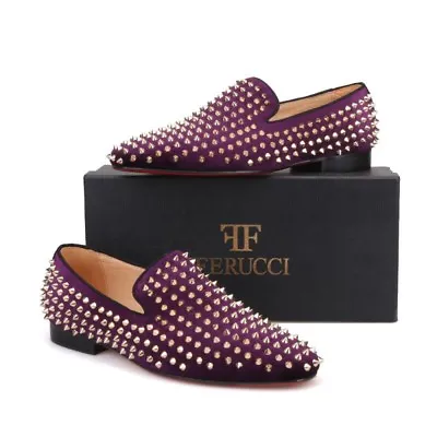 Men FERUCCI Purple Velvet Slippers Loafers Flats Gold Spikes Rivet Wedding Prom • $199.99