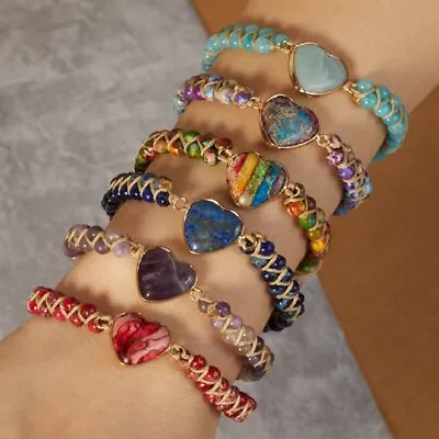 Handmade Natural Stone 7 Chakra Heart Leather Bracelets Women Men Adjustable • $6.26