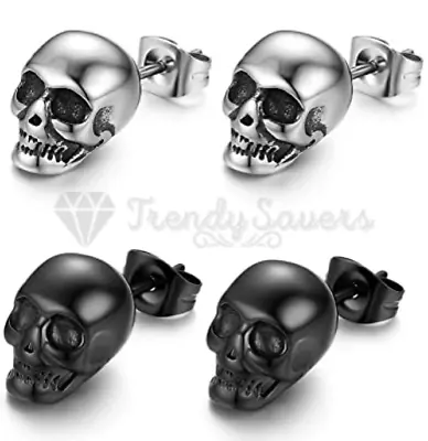 Men Women Silver Black Rock Piercing Punk Stainless Steel Stud Skull Earrings • £3.99