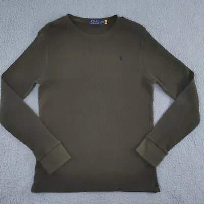 Polo Ralph Lauren Men T-Shirt Large Olive Logo Waffle Knit Thermal Long Sleeve • $15.88