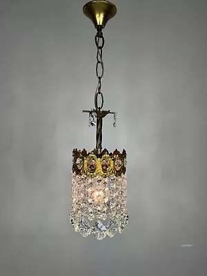 Antique / Vintage Small Crystal Chandelier Vintage Brass Chandelier Ceiling Lamp • $175