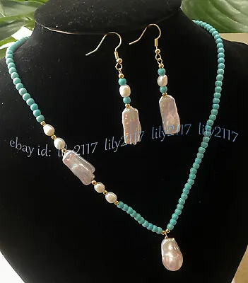 Natural Blue Turquoise White Rice Baroque Pearl Pendant Necklace Earrings Set • $19.78