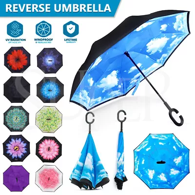 Windproof Upside Down Reverse Umbrella Double Layer Inside-Out Inverted C-Handle • $9.99