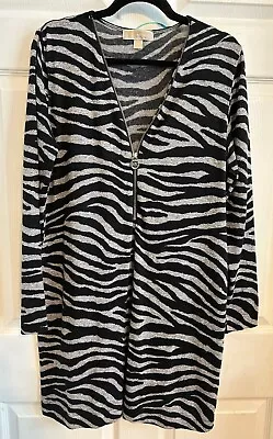 Michael Kors Dress Ls Zebra Print Lt Gray & Black V Neck Zip Front Size Xl Euc • $29.99