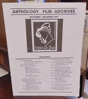 ANTHOLOGY FILM ARCHIVES - Nov. - Dec. '91 Program/calendar / VG+ • $15