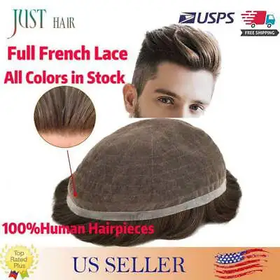 Full French Lace Hair Replacement System For Man Swiss Lace Men Toupee Hairpiece • $217.55