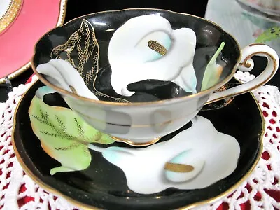 Occupied Japan Tea Cup And Saucer Painted Calla Lily Teacup Black White Japan  • £38.88