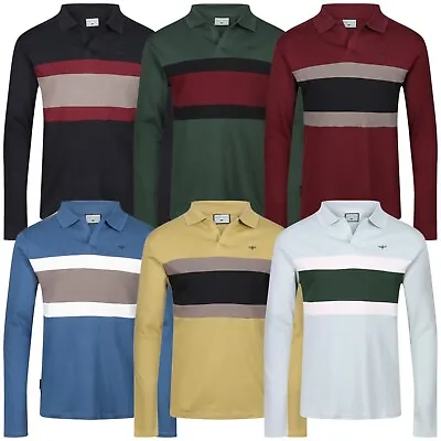 New Mens Long Sleeve Polo Shirt Stripe Lightweight 100% Cotton Jersey Casual Top • £9.99