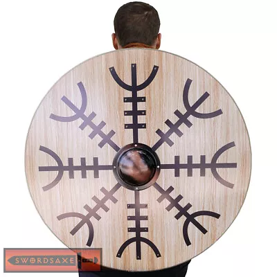 Viking Runes Helm Of Awe Aegishjalmur Norse Compass 32 Inch Wooden Round Shield • $79.99
