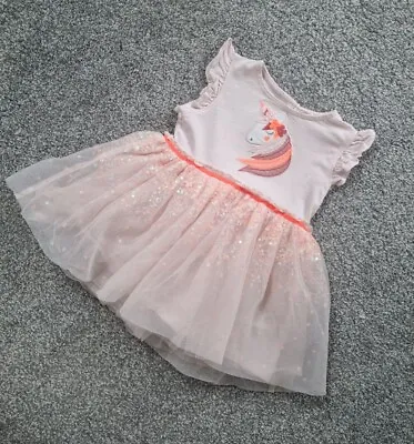 Baby Girls Next Party Dress 9-12 Months Tutu Unicorn Pink Sequins Netted D • £6.99