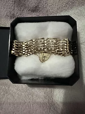 £350 • Buy VINTAGE 9CT GOLD, 6 BAR GATE BRACELET WITH LOVE HEART & CHAIN, WEIGHT 14g, VGC