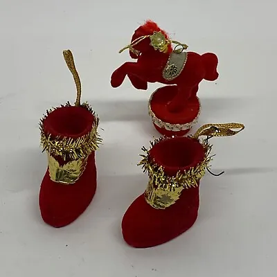 Vintage Christmas Tree Decorations Red Velvet 2 Boots & 1 Horse • $16.99