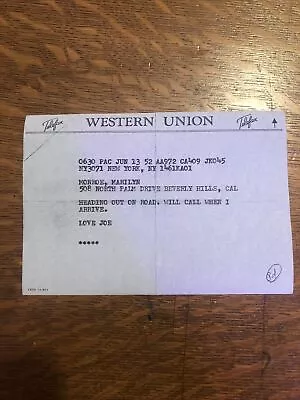 Joe DiMaggio Personally Owned Western Union Telefax Slip Marilyn Monroe COA • $125