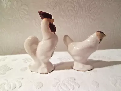 VTG Rosemeade Dakota Pottery White Rooster Chicken Salt Pepper Shakers W/Label • $45