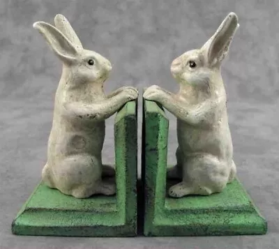 PAIR Of WHITE RABBIT Cast Iron BOOKENDS Bunny Rabbit • $42.99