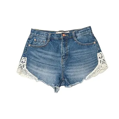 ZARA TRAFALUC PREMIUM WASH Denim Jean Shorts With Embroidered Lace Trim Size 6 • $29.99