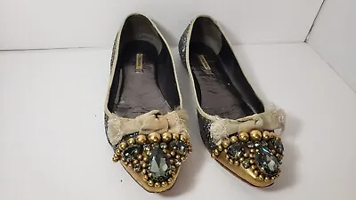 Miu Miu Womens Sz 35.5 Silver Glitter Embellished Sparkle Bows Ballet Flat Shoes • $38