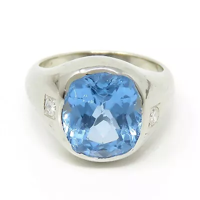 NYJEWEL 20k White Gold 4ct Blue Topaz & 2 Diamond Signet Ring • $1099