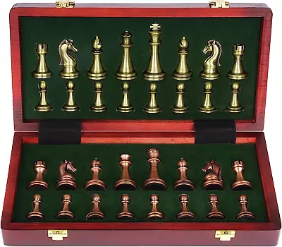 Retro Metal Chess Set With Folding Wooden Chess Board And Classic Handmade • $60.84