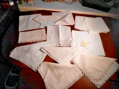 JOB LOT VINTAGE ODDS SINGLADIES LACE EDGED EMBROIDERED  COTTON LAWN HANKIES X 12 • £4