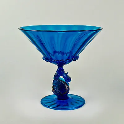 Large Salviati Blue Venetian Glass Footed Bowl Or Fruit Stand - Swan Pedestal GL • $1850