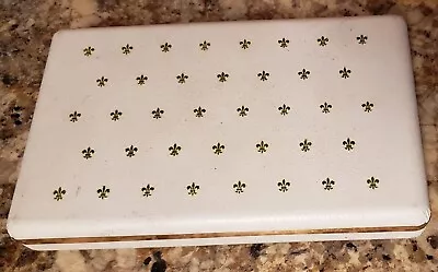 Vintage White & Green Fleur De Lis Tight Snap Close Jewelry Box Travel Hard Case • $26.99