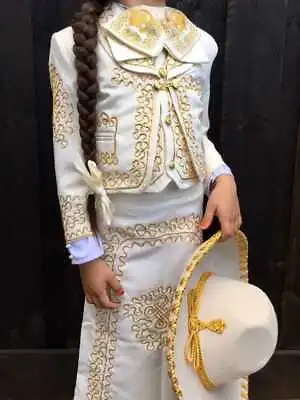 Girl's Custom Made 3 PC Gold Embroidered Suit Mariachi Jacket Skirt Festive Wear • $503.99