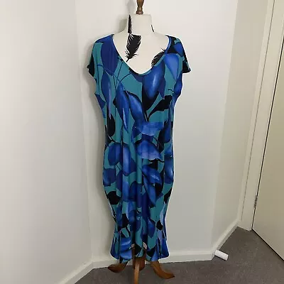 Sandra Soulos Blue & Green Floral Midi Dress Ruffle Hem Formal Party Size 14 • $35