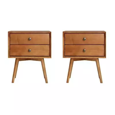 Mid Century Modern 2-Piece 2 Drawer Solid Wood Nightstand Set - Caramel • $376.29