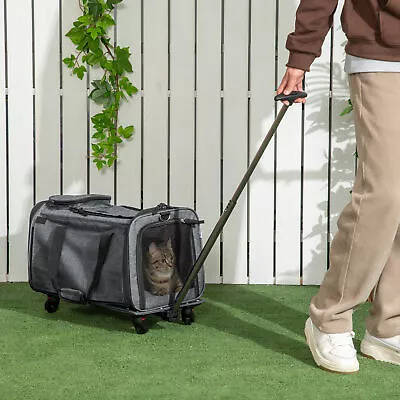 4 In 1 Pet Carrier On Wheels For Cats Miniature Dogs W/ Telescopic Handle Grey • £38.99