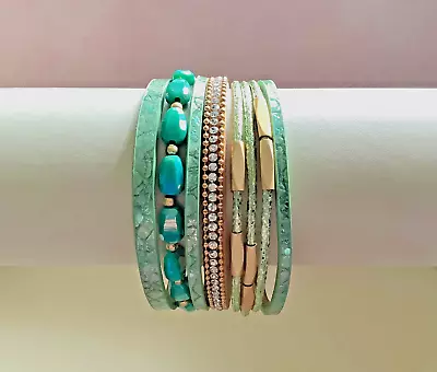 Green Beaded Multi Layer Wrap Cuff Bracelet Magnetic Clasp 19cm Holiday Beach • £8.50