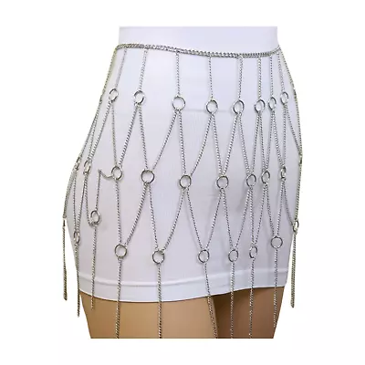 Women Silver Metal Chain Circle Rings Skirt Spring Summer Belt High Waist S M • $34.99