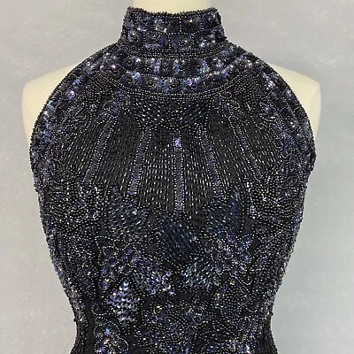 Vintage 90s Adrianna Papell Evening Gown Beaded Dress Halter High Neck 100% Silk • $169.99