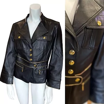 Vtg 90’s MILITARY LEATHER JACKET Black Gold Coat Marching Band Womens M VINTAGE • $163.44