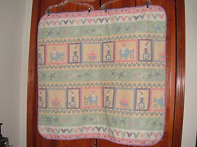 Flannel Blanket With Vintage Toys Crocheted Edging 41  X 42  Pretty Pastel • $8.50