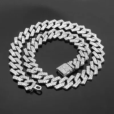 12MM White Gold Plated Iced CZ Out Cuban Link Chain Hip Hop CZ Cuban Necklace • $13.79