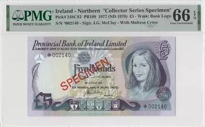 1977 Northern Ireland Belfast 5 Pounds  Specimen  **002140** (( Pmg 66 Epq )) • $26