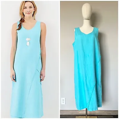 J Jill Pure Jill Flax Linen Lagenlook Dress Turquoise Midi Faux Wrap Sz Large • $23.99