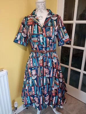 Lindy Bop Bletchley Bookshelf Print Swing Dress Size 16 • £26