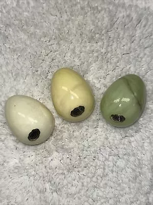 Set Of 3 Genuine ALABASTER Stone EGGS Italy Yellow & Green 2.5” • $10