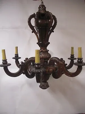 Lg 30” Antique Hand Carved Wood Chandelier Ski Mountain Hunting Cabin Lodge • $6480