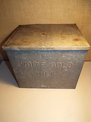 Vintage Dairy White Gold Milk Cream Cheese Bottle Box Porch Delevery Galvanized • $39