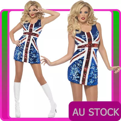 Ladies Sequin Ginger Spice Girls Costume Union Jack Fancy Dress 90s Pop Star 80s • $54.14