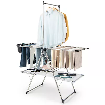 2-Tier Foldable Laundry Drying Rack W/ Tall Hanging Bar Adjustable Gullwing • $69.49