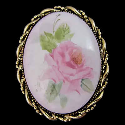 Vintage Hand Painted Rose On Porcelain China Brooch Pin By Margaret Lerman • $19.54