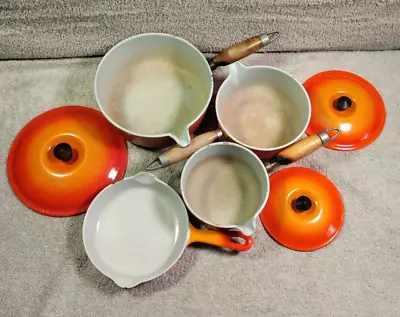 LE CREUSET 3 Saucepan 1 Skillet VOLCANIC Orange 14 16 And 20 Saucepans • $64.99