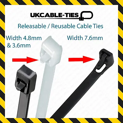 Releasable Cable Ties Reusable Black Natural Nylon Plastic Zip Tie Wraps • £10.09