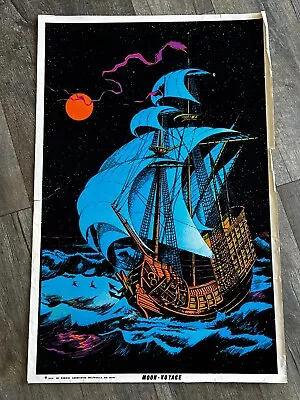 MOON VOYAGE Sailing Ship Vintage Flocked Blacklight Poster 1974 Nautical Boat • $39