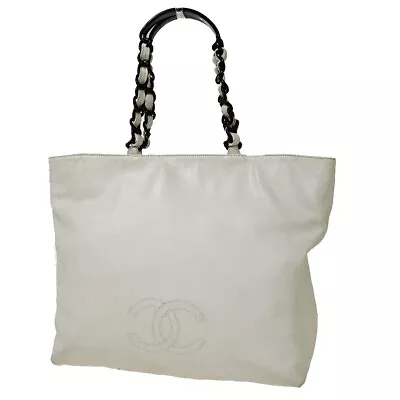 CHANEL CC Logo Chain Shoulder Tote Bag Leather  Plastic White Vintage  72SG385 • $582.40