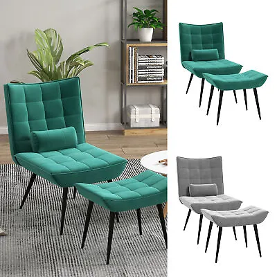 Armless Accent Chair With Footstool Set Tufted Upholstered Lounge Chair • £98.99